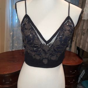 NWT Free People black with dark brown sequin floral pattern crop top size M!